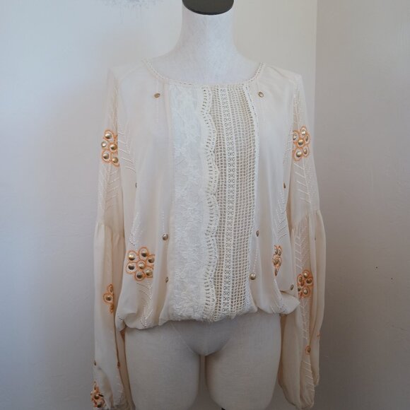 The Wallflower Boho Blouse Embroidered Lace Cream Orange Womens Large - Picture 1 of 12